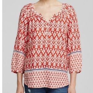 Beach Lunch Lounge Red Orange Sonya Ikat Print Blouse Top Size Small Boho Beach